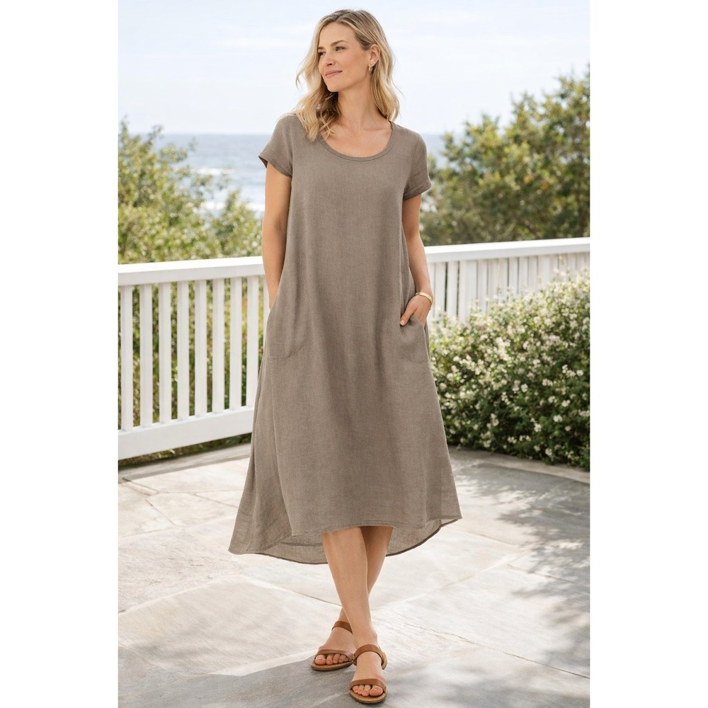 Fresh Laundry 100% Linen Midi Dress Women Sz S Beige Gauzy Lightweight Lagenlook